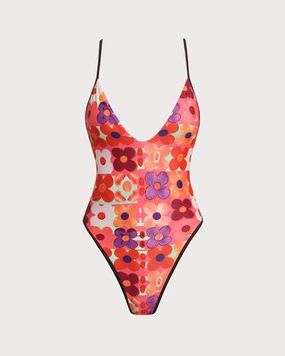 Kırmızı Çiçek Desenli Corset One-Piece Swimsuit