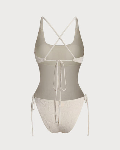 Kırık Beyaz Dokulu Bralet Tek Parça Mayo Swimwear