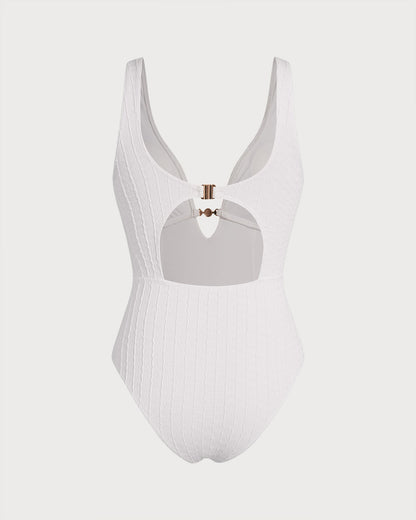 Beyaz Dokulu Dekolteli One-Piece