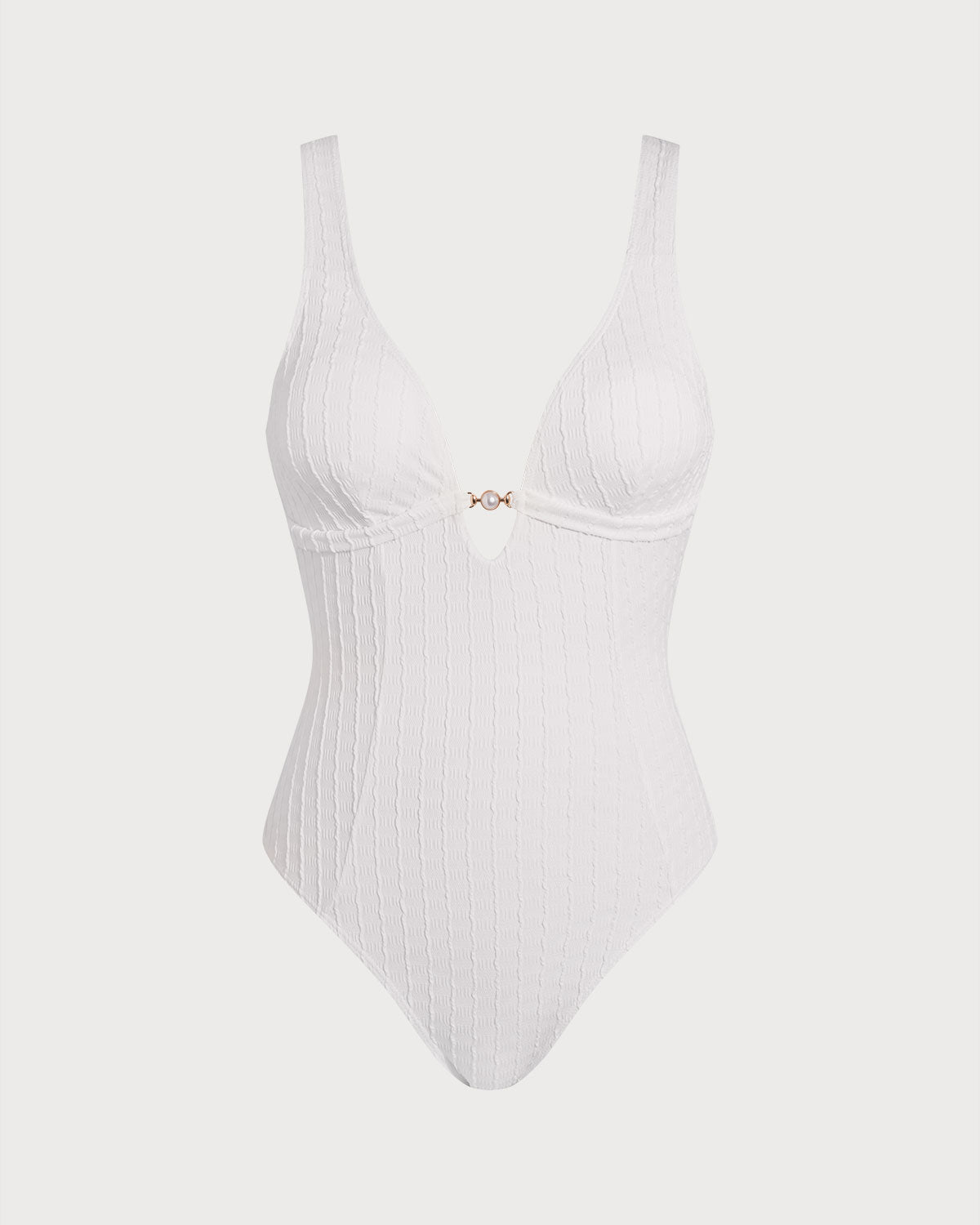 Beyaz Dokulu Dekolteli One-Piece