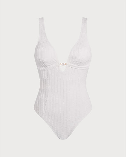 Beyaz Dokulu Dekolteli One-Piece