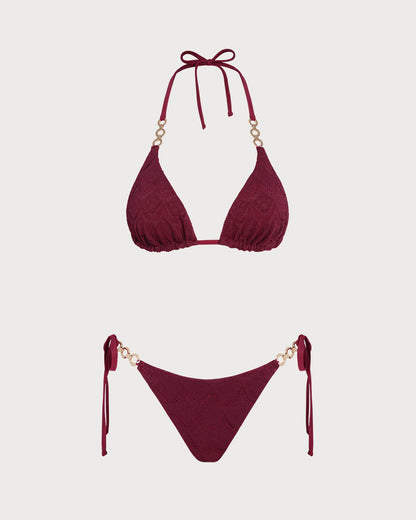 Kiremit Kırmızısı Boyundan Bağlamalı Büzgü Bağlamalı Çift Taraflı Bikini Takımı