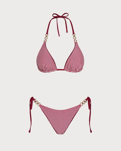 Kiremit Kırmızısı Boyundan Bağlamalı Büzgü Bağlamalı Çift Taraflı Bikini Takımı