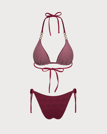 Kiremit Kırmızısı Boyundan Bağlamalı Büzgü Bağlamalı Çift Taraflı Bikini Takımı