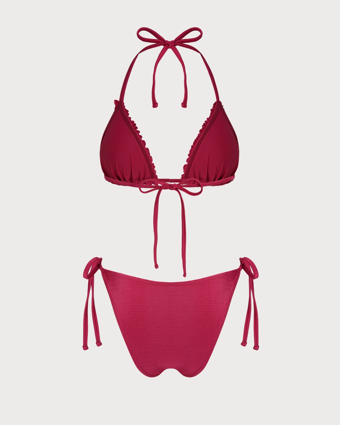 Kırmızı Boyundan Bağlamalı Fırfırlı Üçgen Bikini Takımı