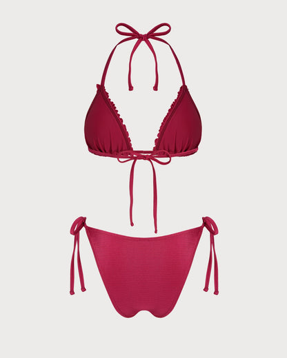 Kırmızı Boyundan Bağlamalı Fırfırlı Üçgen Bikini Takımı
