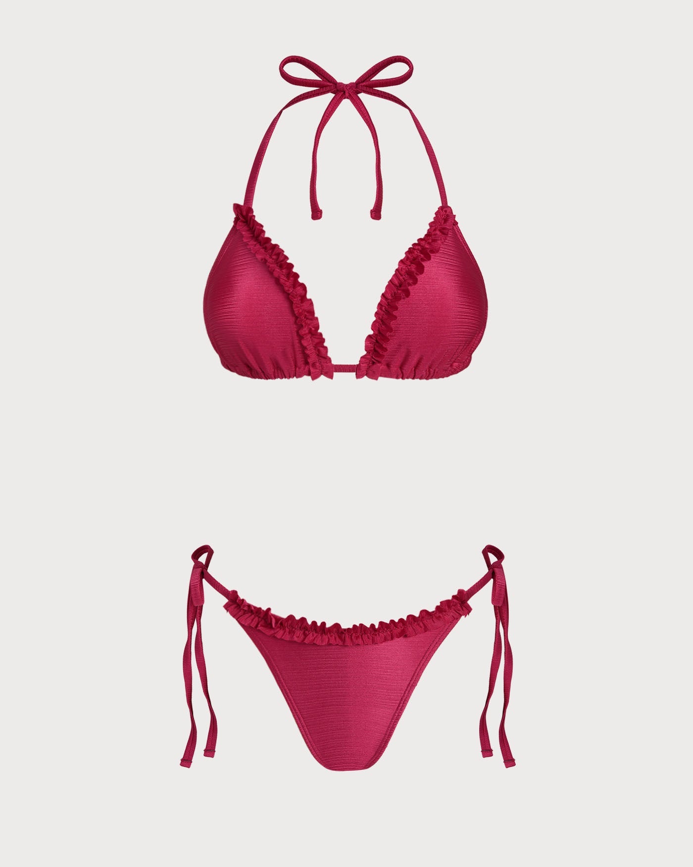 Kırmızı Boyundan Bağlamalı Fırfırlı Üçgen Bikini Takımı