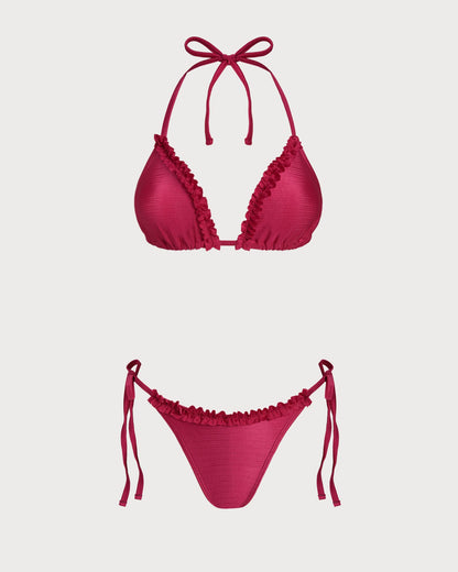 Kırmızı Boyundan Bağlamalı Fırfırlı Üçgen Bikini Takımı