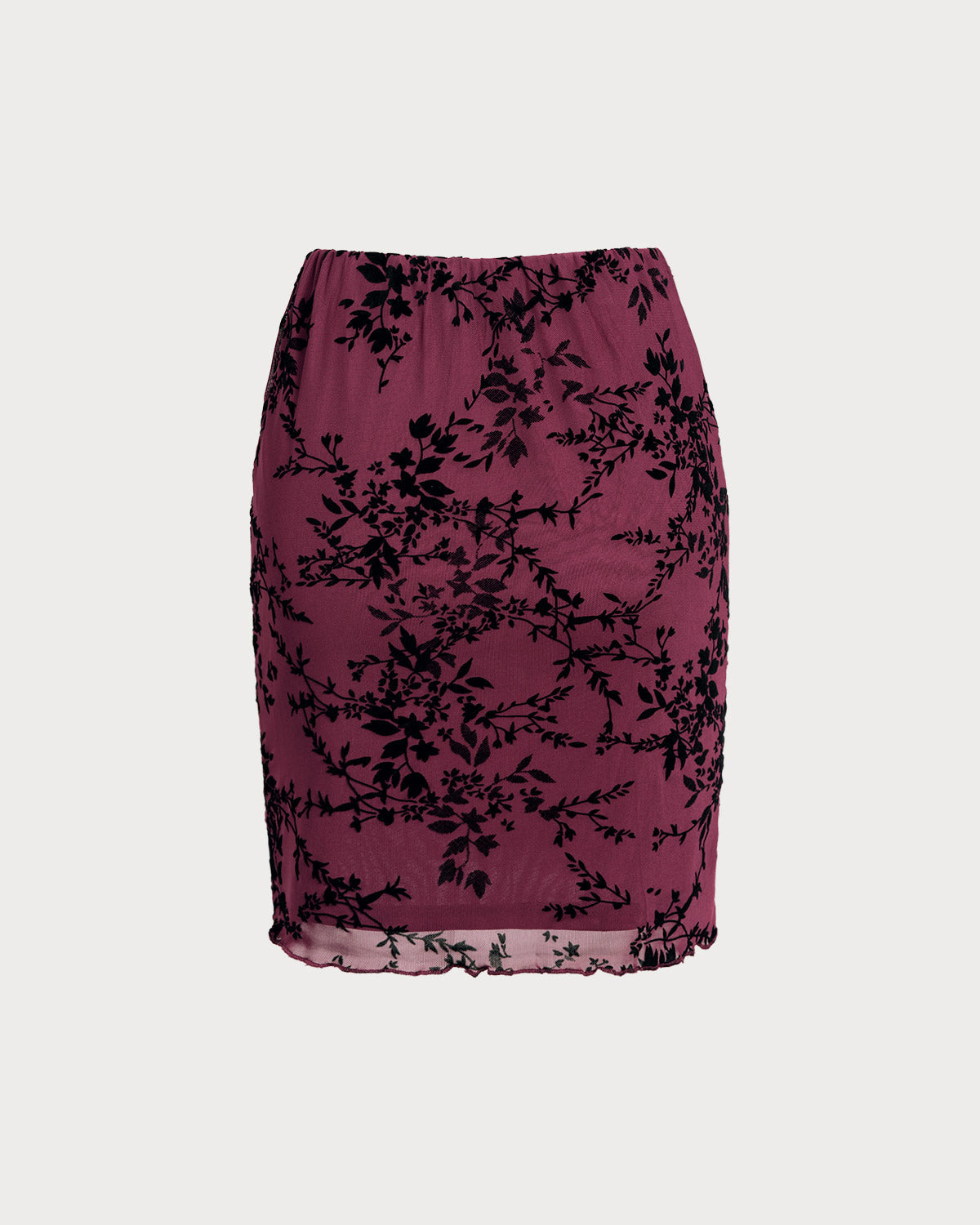 Bordo Lastikli Bel Çiçek Desenli Mini Etek