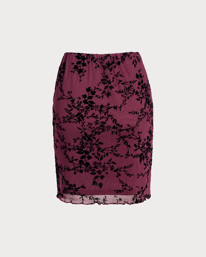 Bordo Lastikli Bel Çiçek Desenli Mini Etek