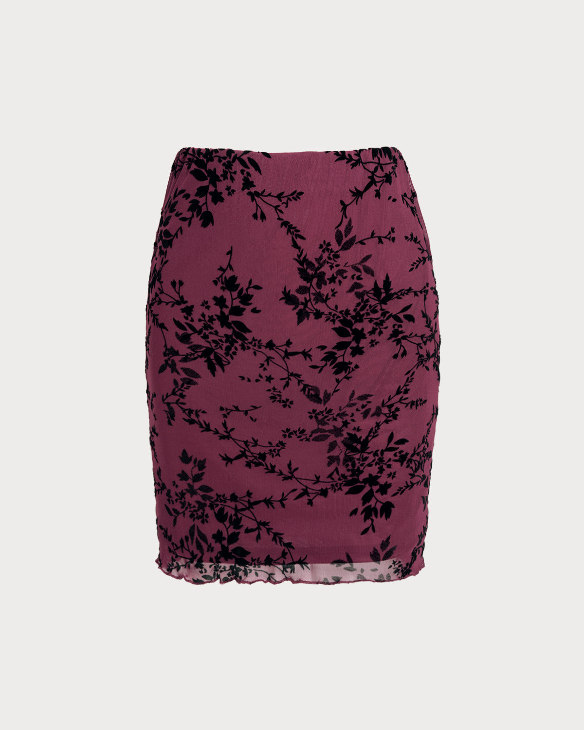 Bordo Lastikli Bel Çiçek Desenli Mini Etek