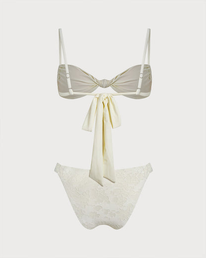 Beyaz Dokulu Büzgü Bağlamalı Üçgen Bikini Takımı