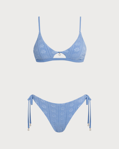 Mavi Çiçek Desenli U Yaka Üçgen Bikini Takımı