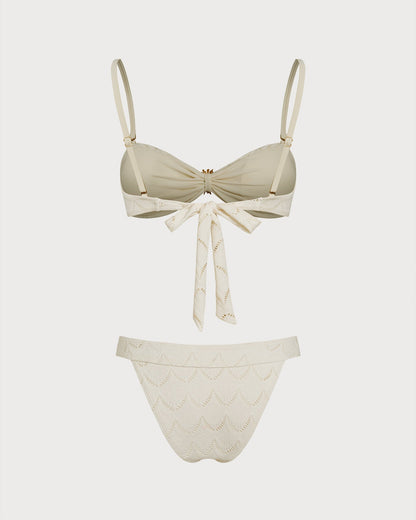 Kırık Beyaz Büzgü Bağlamalı Bandeau Bikini Takımı