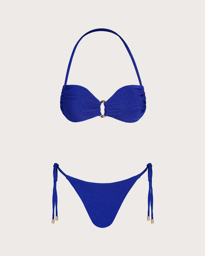 Mavi Boyundan Bağlamalı Halka Detaylı Bandeau Bikini Takımı