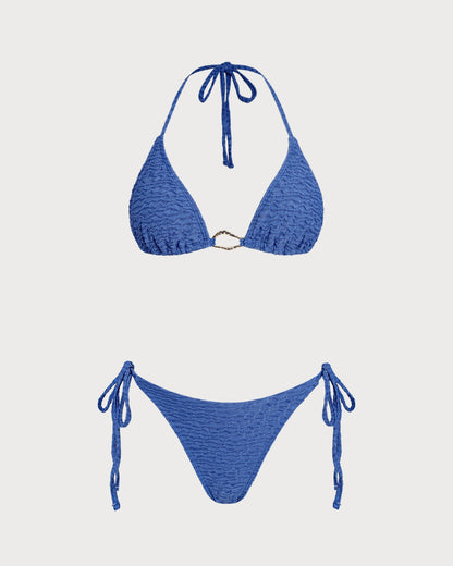 Mavi Boyundan Bağlamalı Üçgen Bikini Takımı