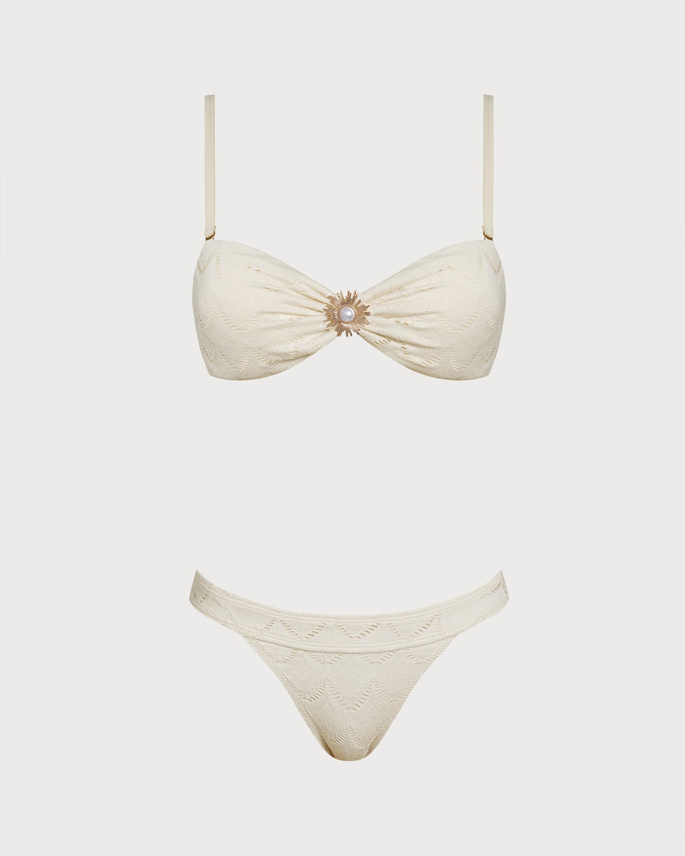 Kırık Beyaz Büzgü Bağlamalı Bandeau Bikini Takımı
