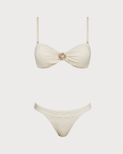 Kırık Beyaz Büzgü Bağlamalı Bandeau Bikini Takımı