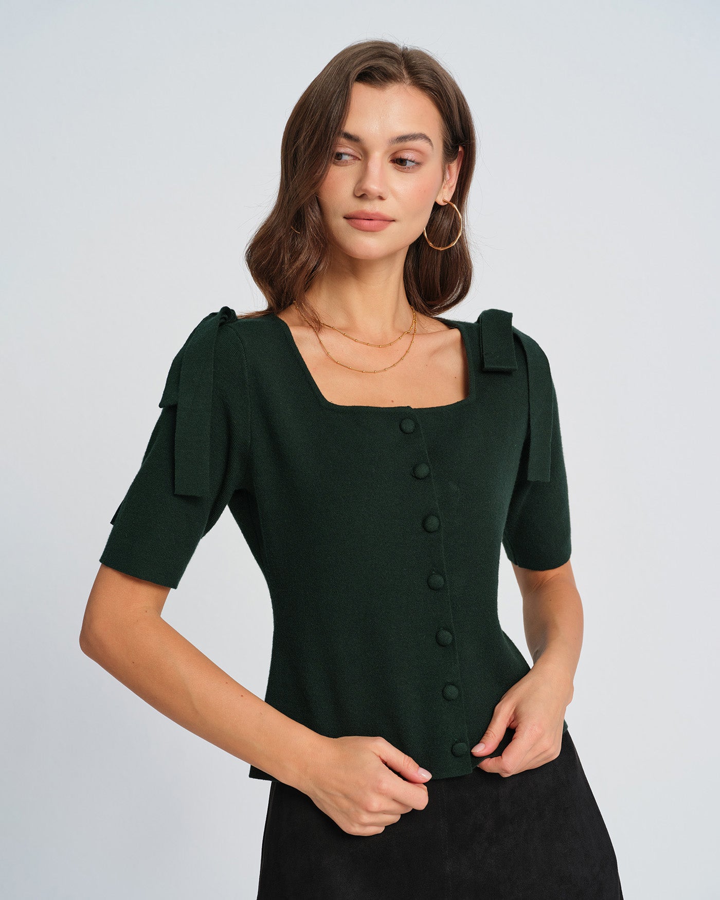 Yeşil Kare Yaka Bowknot Triko Hırka