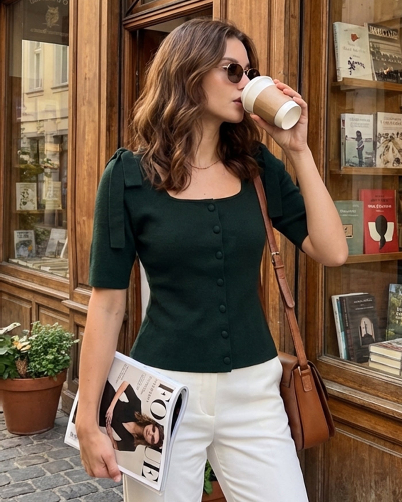 Yeşil Kare Yaka Bowknot Triko Hırka