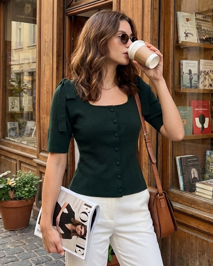 Yeşil Kare Yaka Bowknot Triko Hırka