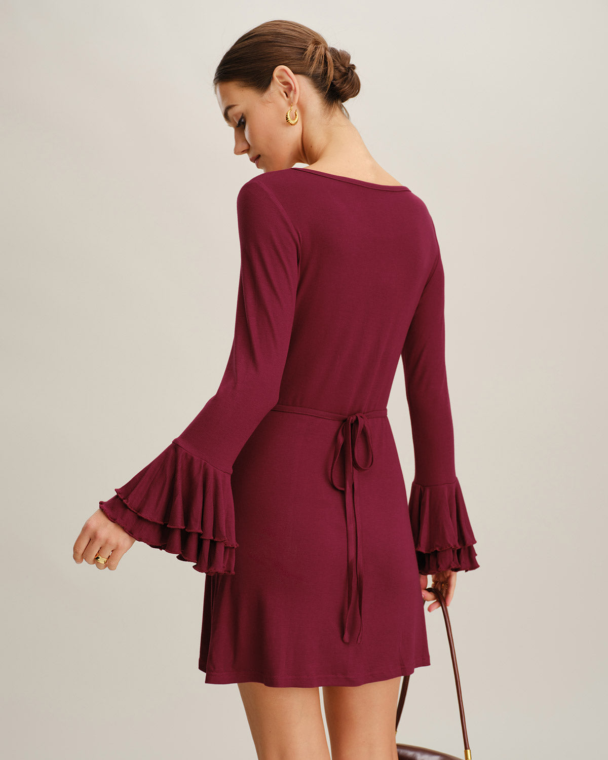 Bordo A Kesim Fırfır Detaylı Mini Elbise