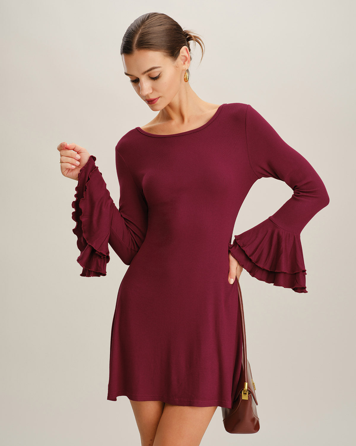 Bordo A Kesim Fırfır Detaylı Mini Elbise