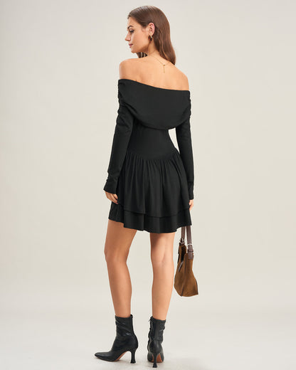 Siyah A Kesim Off The Shoulder Mini Elbise
