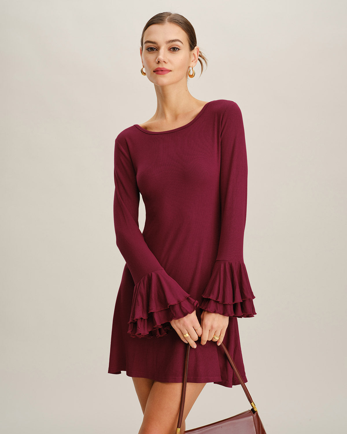 Bordo A Kesim Fırfır Detaylı Mini Elbise