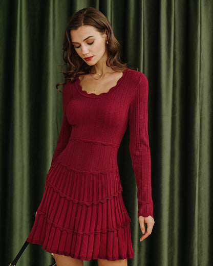 Bordo Scalloped Viskon Triko Elbise