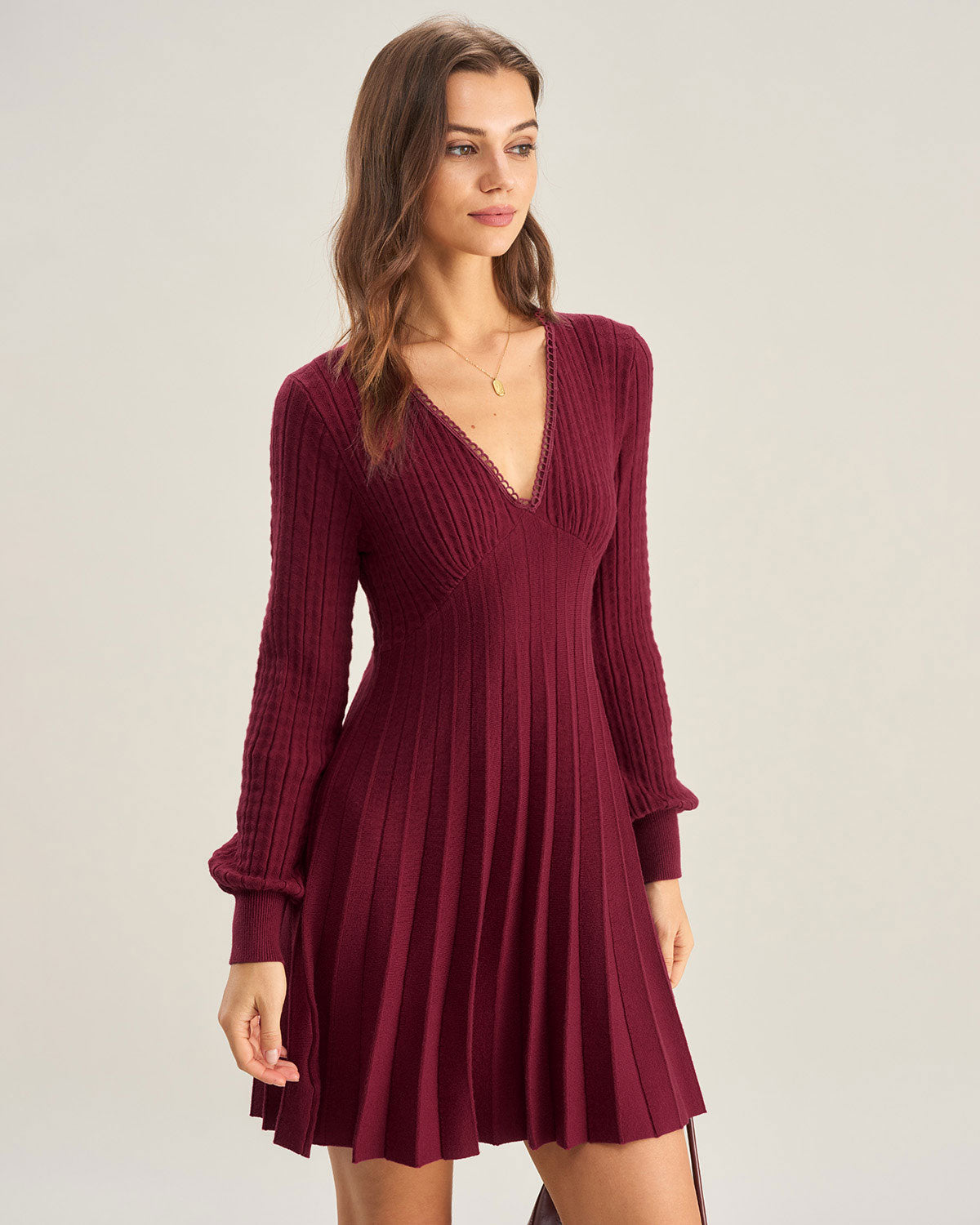 Bordo V-Neck A Kesim Triko Elbise