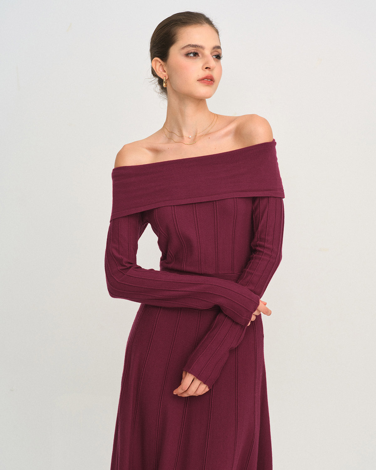 Bordo Off The Shoulder Triko Elbise