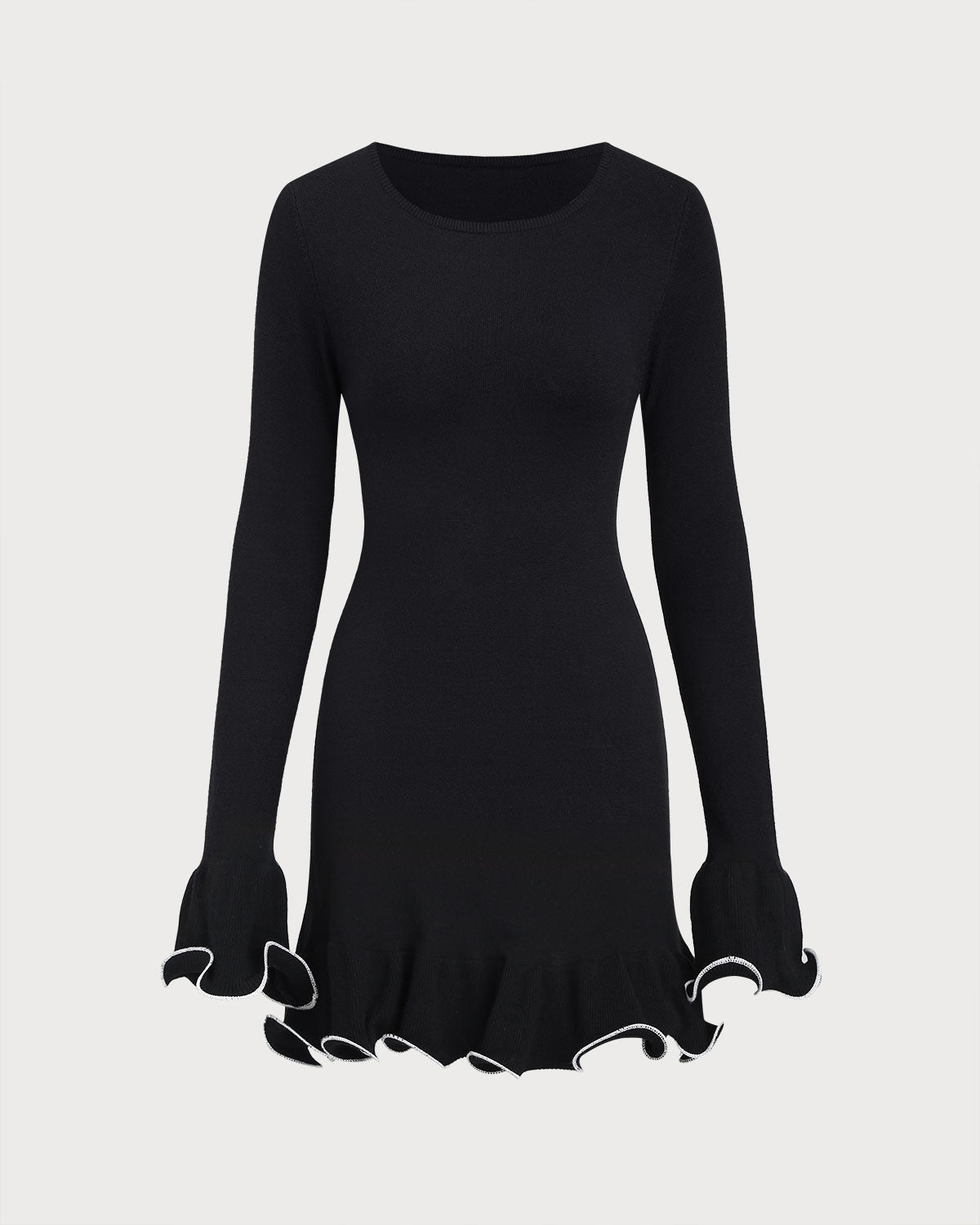 Siyah Fırfır Detaylı Ribbed Kazak Mini Elbise
