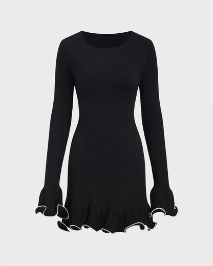 Siyah Fırfır Detaylı Ribbed Kazak Mini Elbise