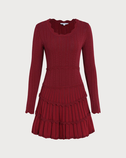 Bordo Scalloped Viskon Triko Elbise