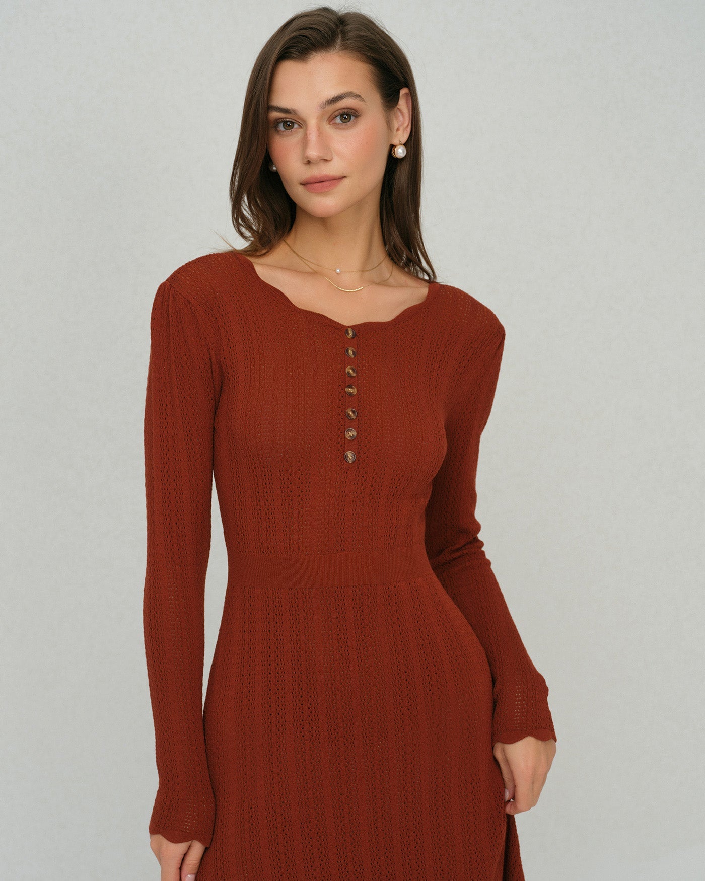 Kahverengi Scalloped A Kesim Triko Elbise