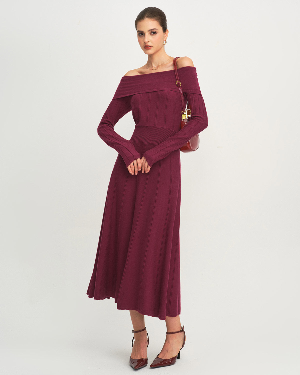 Bordo Off The Shoulder Triko Elbise