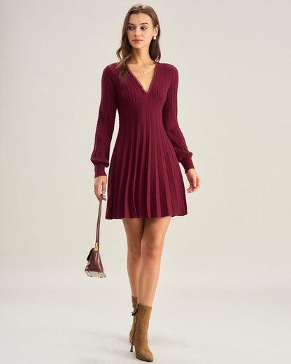 Bordo V-Neck A Kesim Triko Elbise