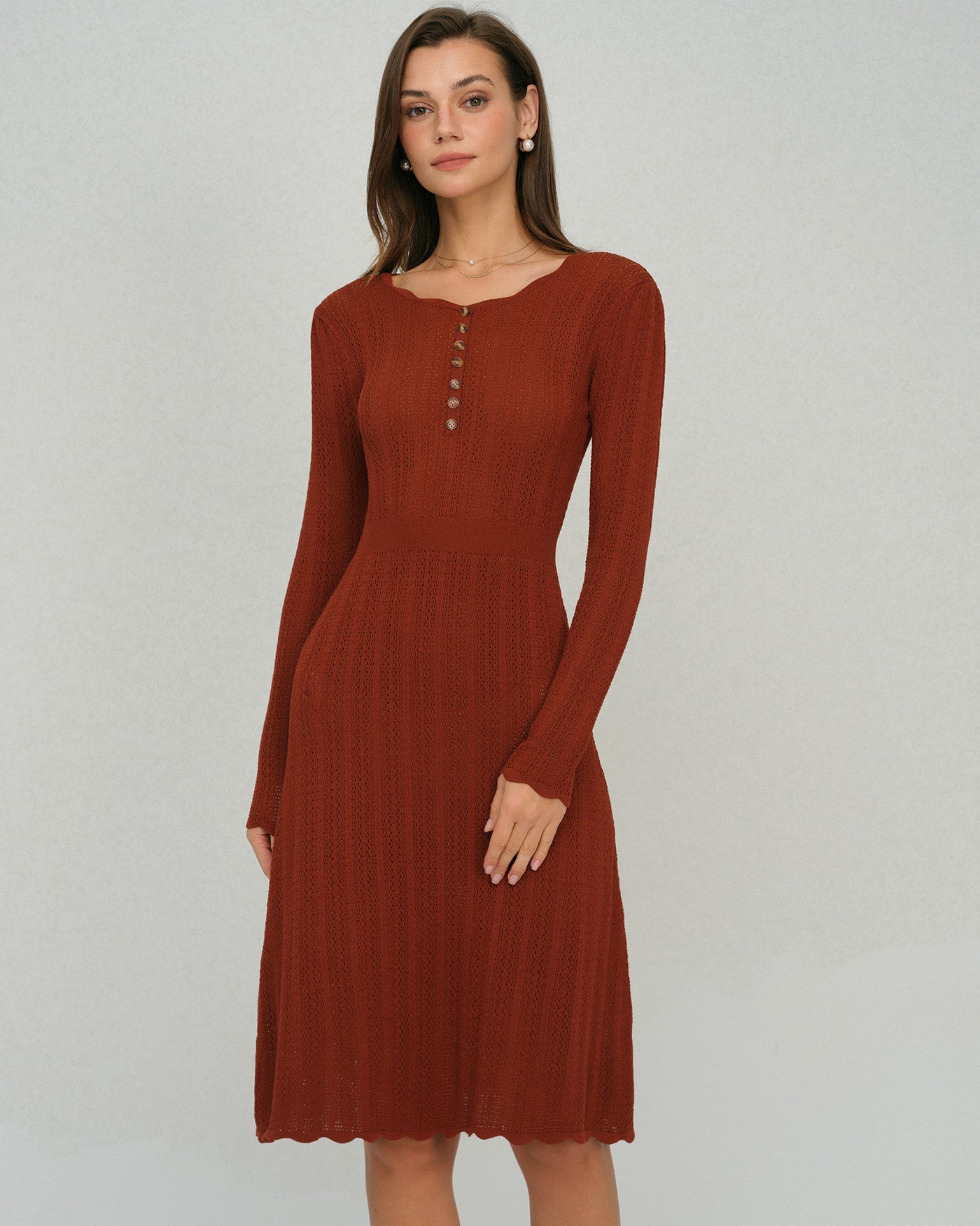 Kahverengi Scalloped A Kesim Triko Elbise