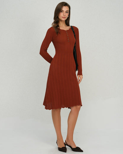 Kahverengi Scalloped A Kesim Triko Elbise