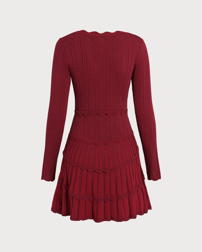 Bordo Scalloped Viskon Triko Elbise