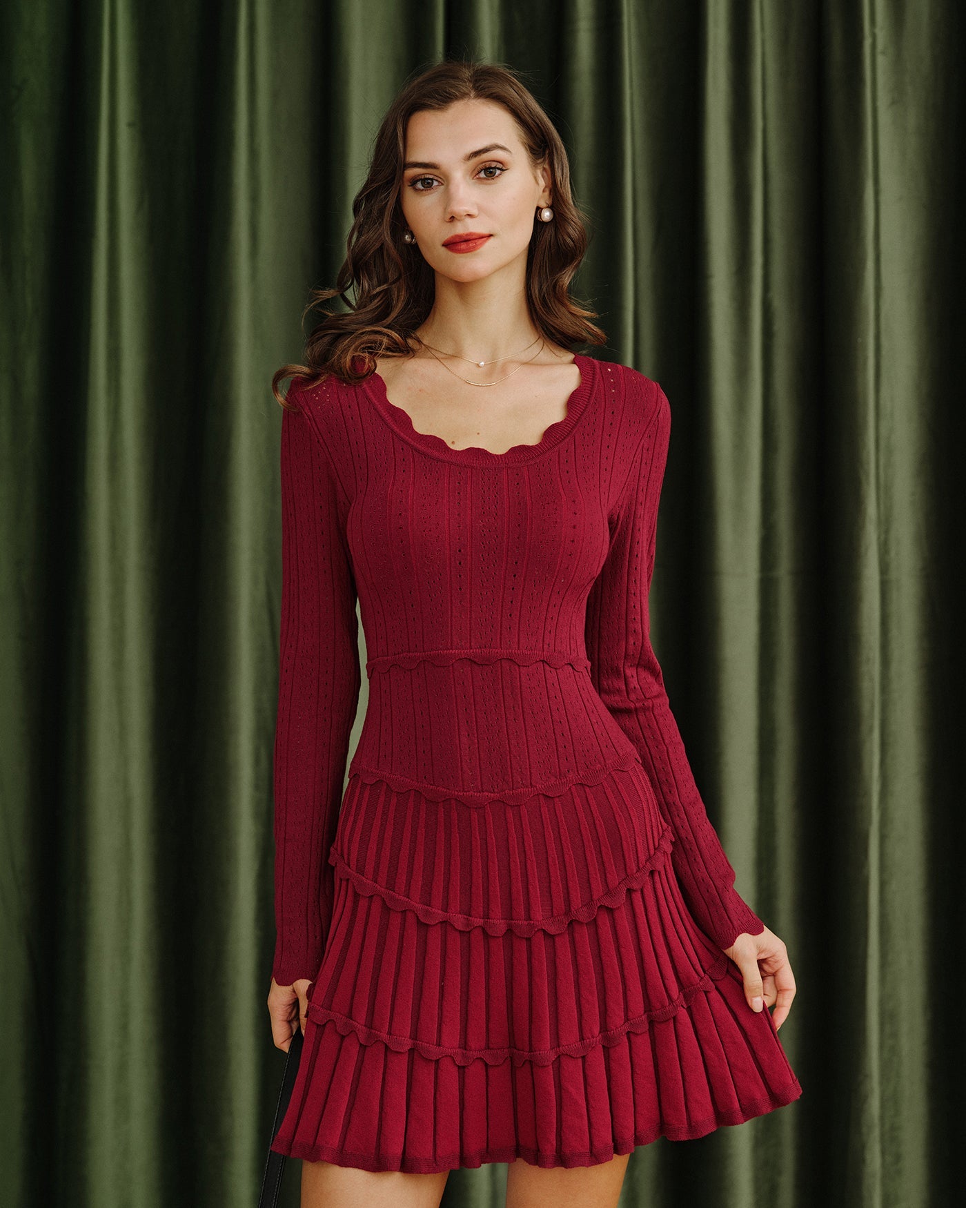 Bordo Scalloped Viskon Triko Elbise