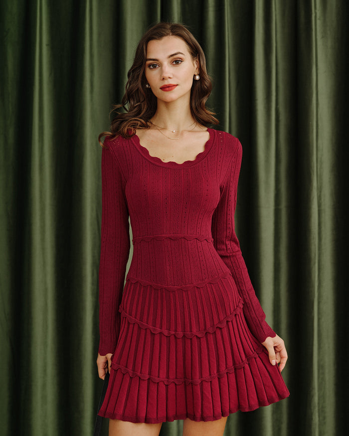 Bordo Scalloped Viskon Triko Elbise
