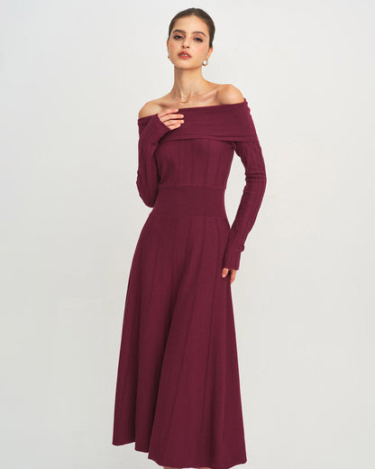 Bordo Off The Shoulder Triko Elbise