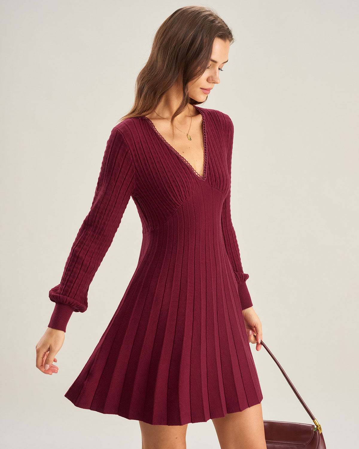 Bordo V-Neck A Kesim Triko Elbise