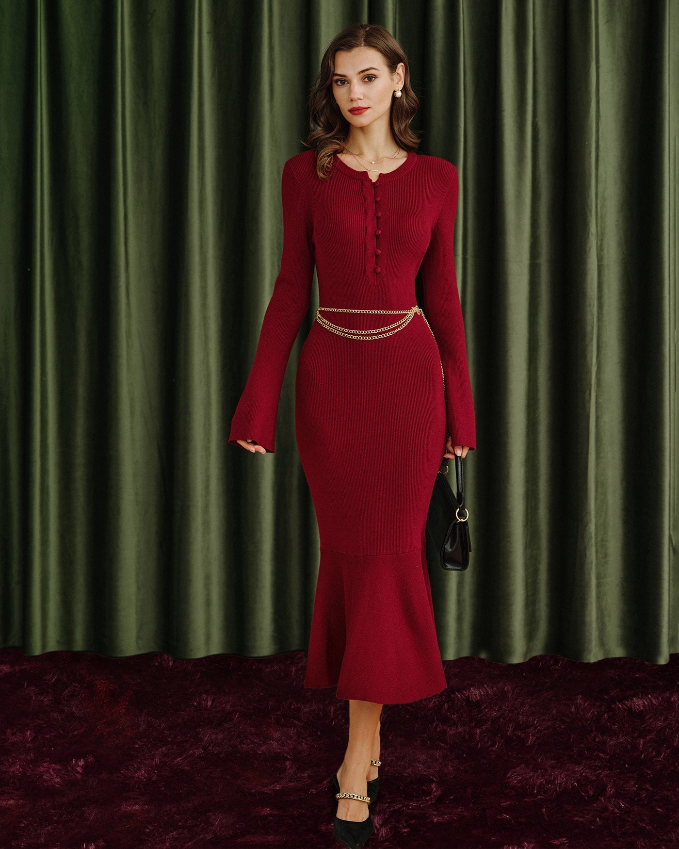 Bordo Balık Kesim Kazak Dresses