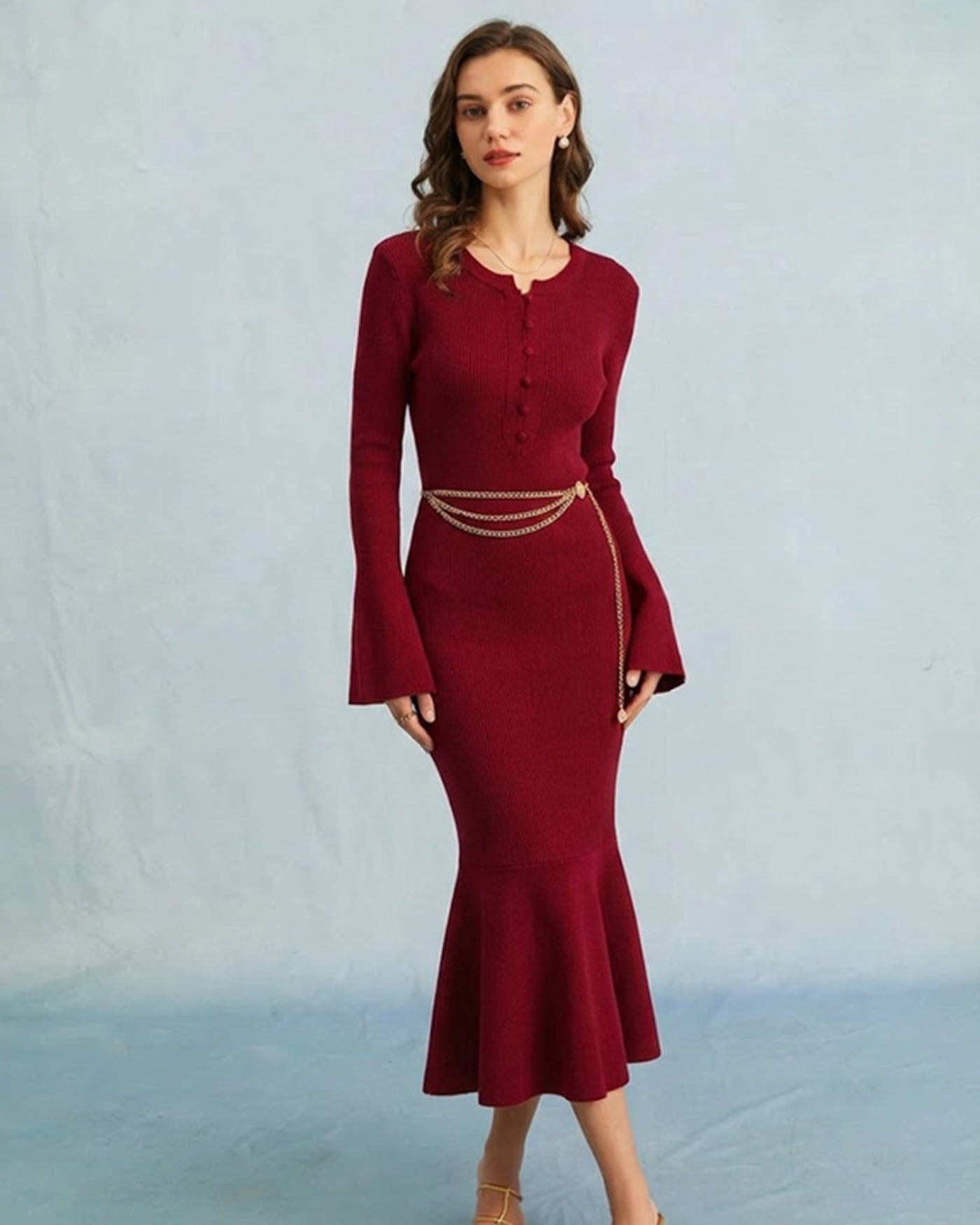 Bordo Balık Kesim Kazak Dresses