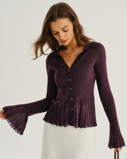 Mor Düğmeli Ribbed Triko Hırka