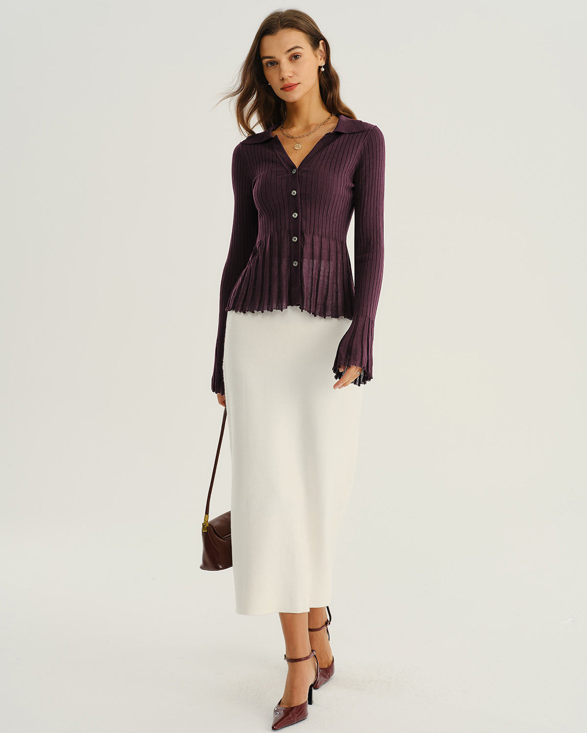 Mor Düğmeli Ribbed Triko Hırka