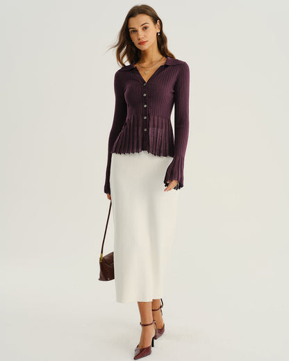 Mor Düğmeli Ribbed Triko Hırka